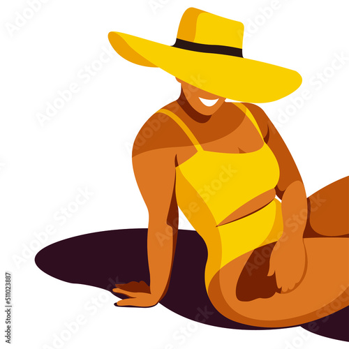 vector image on the theme of summer holidays. beautiful happy curvy plus size girl is sitting on the beach in a yellow swimsuit and sunbathing under a big hat. isolated on white background.