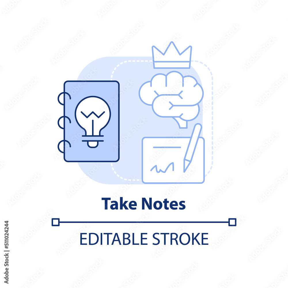 Take notes light blue concept icon. Information records. Learning technique abstract idea thin line illustration. Isolated outline drawing. Editable stroke. Arial, Myriad Pro-Bold fonts used