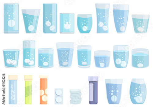 Effervescent tablets icons set cartoon vector. Water pill. Glass cup
