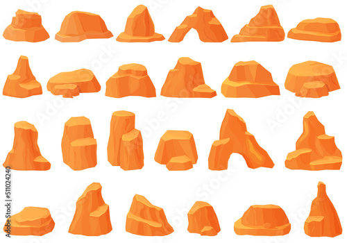 Canyon icons set cartoon vector. National park. Arizona river