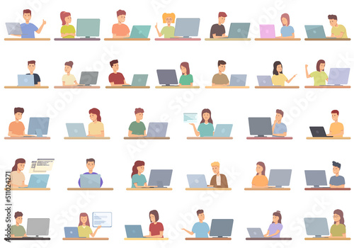 Programming for kids icons set cartoon vector. Tech brain. Computer code