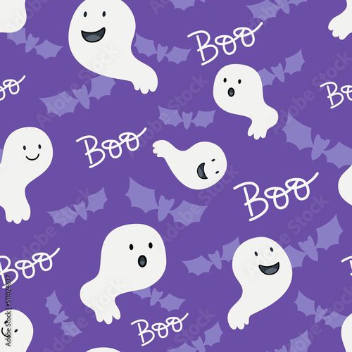 Halloween seamless pattern with haunted or ghosts on purple background