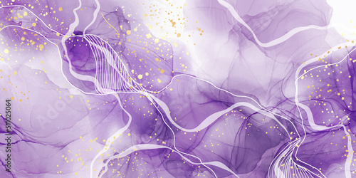 Purple liquid marble watercolor stain background with white lines. Violet elegant minimal modern canvas wallpaper with paint brush pattern. Vector illustration, watercolour design for print