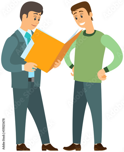 Two men talk, discussion, exchange of ideas, teamwork, and office meeting, team building concept. Boss tells subordinate manager action plan, reads document, business colleagues communicating