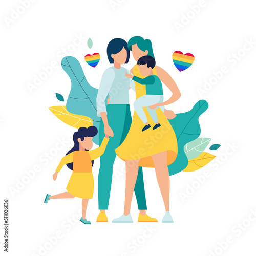LGBT family couple of homosexual lesbians with happy children. men romantic relationship. children adopted by lesbians couple. Equal love for LGBT lesbian. pride month. vector illustration