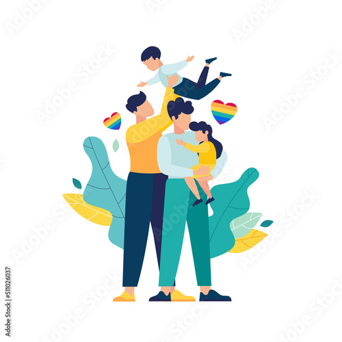LGBT family homosexual couple gay with happy children. men romantic relationship. children adopted by a gay couple. Equal love for LGBT gays. pride month vector illustration