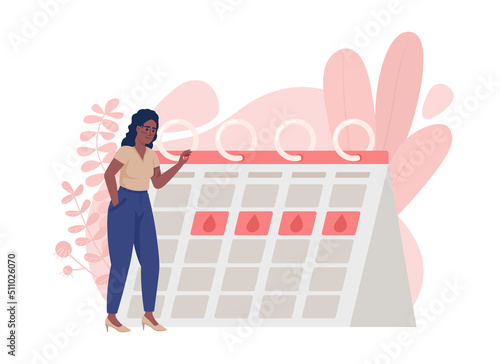Regular menstrual cycle 2D vector isolated illustration. Happy woman flat character on cartoon background. Colourful editable scene for website, presentation. Nerko One Regular, Quicksand fonts used