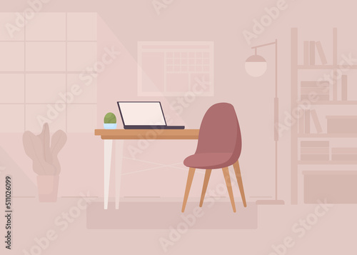 Home office furniture flat color vector illustration. Contemporary desk with chair. Workplace ergonomics. Fully editable 2D simple cartoon interior with cozy atmosphere and bookcases on background