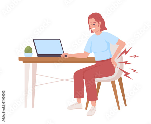 Woman suffering from backache after sitting all day semi flat color vector character. Editable figure. Full body person on white. Simple cartoon style illustration for web graphic design and animation