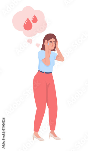 Young lady with irrational fear of blood semi flat color vector character. Editable figure. Full body person on white. Simple cartoon style illustration for web graphic design and animation