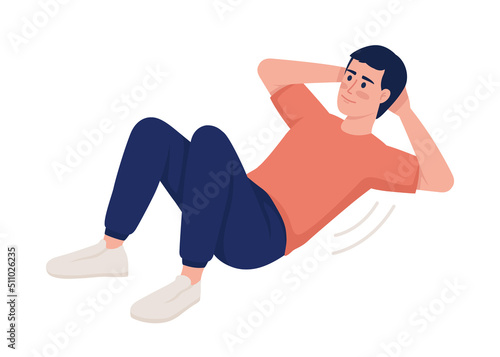 Man strengthening abdominal muscles with exercise semi flat color vector character. Editable figure. Full body person on white. Simple cartoon style illustration for web graphic design and animation