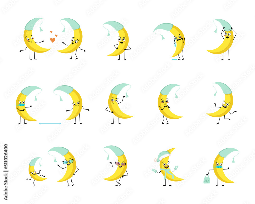 Fototapeta premium Cute moon character in nightcap with happy or sad emotions, panic, loving or brave face, hands and legs. Person with mask, glasses or hat. Vector flat illustration 