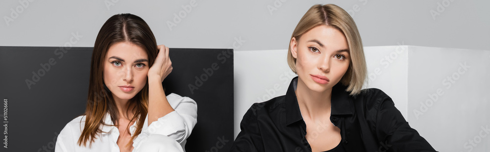 brunette and blonde women looking at camera near black and white cubes isolated on grey, banner. brunette and blonde women looking at camera near black and white cubes isolated on grey, banner.