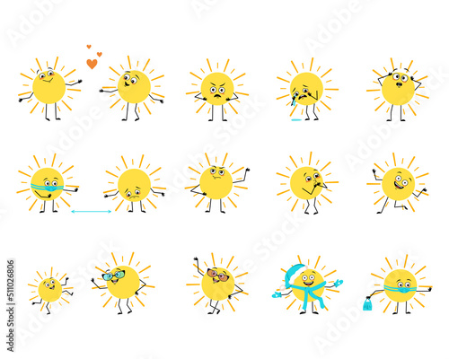 Cute sun character with happy or sad emotions, panic, loving or brave face, hands and legs. Person with mask, glasses or hat. Vector flat illustration 