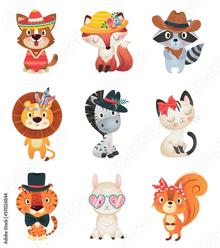 Collection of cute funny animal faces or heads wearing glasses, hats, headbands and wreaths. Set of various cartoon muzzles isolated on white background. Colorful hand drawn vector illustration