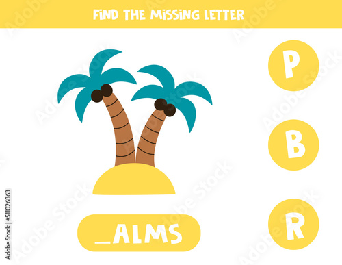 Find missing letter with palms on island. Spelling worksheet.