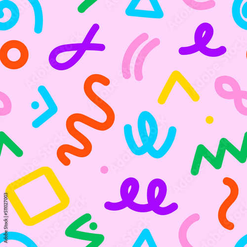 Trendy seamless pattern of geometric shapes and doodles. Colorful vector template memphis style.