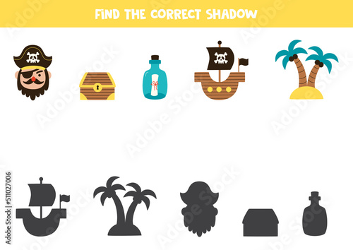 Find the correct shadows of pirate elements. Logical puzzle for kids.
