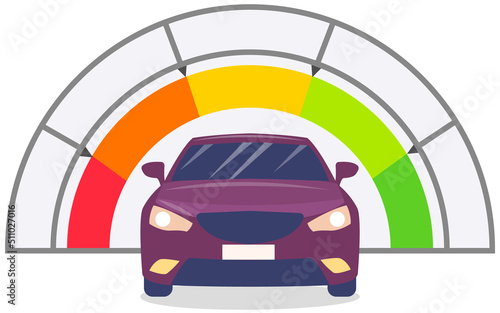Speedometer and sport car, speed control. Tachometer with color sectors isolated on white. Speedo with scales and pointers for measurement of speed and kilometers measuring instrument in automobile