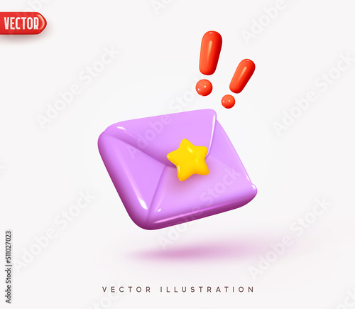 Mail envelope icon with exclamation sing. Envelope letter paper. Send post messages social media element. Purple Realistic 3d symbol email. Isolated object on gray background. vector illustration