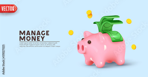 Piggy bank Money creative business concept. Pink pig and pile gold coins and paper green dollars. Keep and accumulate cash savings. Safe finance investment. Financial services. vector illustration