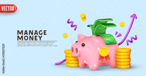 Piggy bank Money creative business concept. Pink pig and pile gold coins and paper green dollars. Keep and accumulate cash savings. Safe finance investment. Financial services. vector illustration