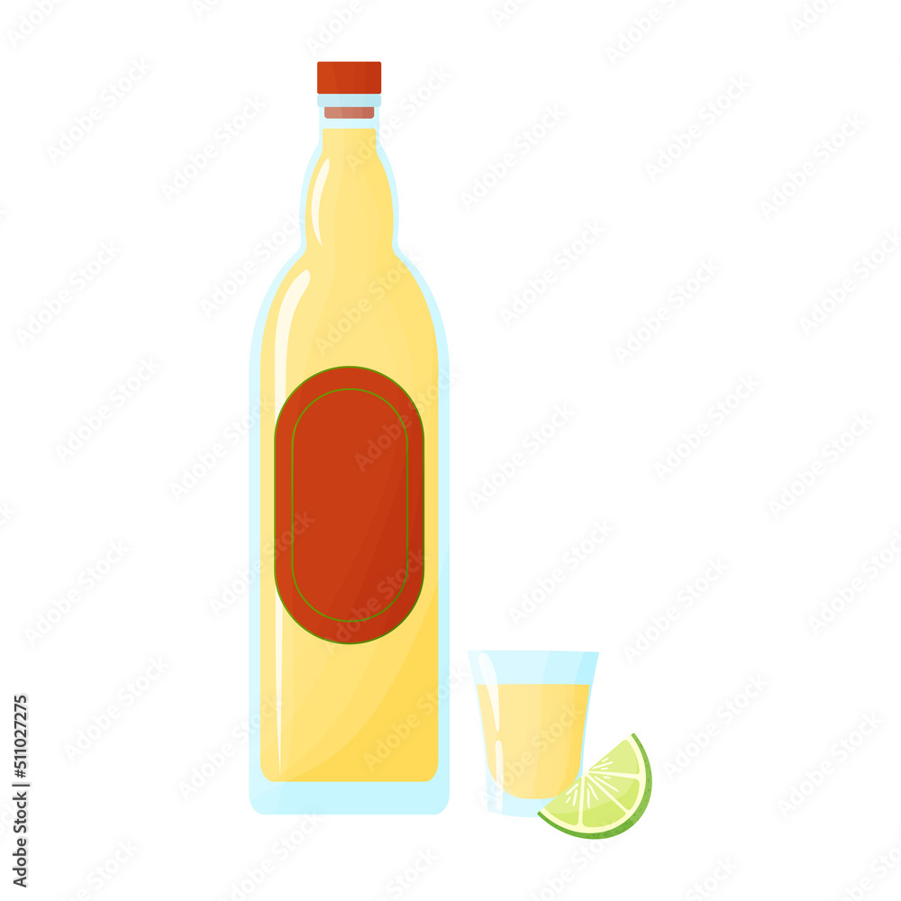 Tequila bottle and shot with lime. Cartoon vector illustration Tequila bottle and shot with lime. Cartoon vector illustration