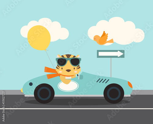 Cute tiger riding in a sportscar with a yellow balloon © The Paper Owl