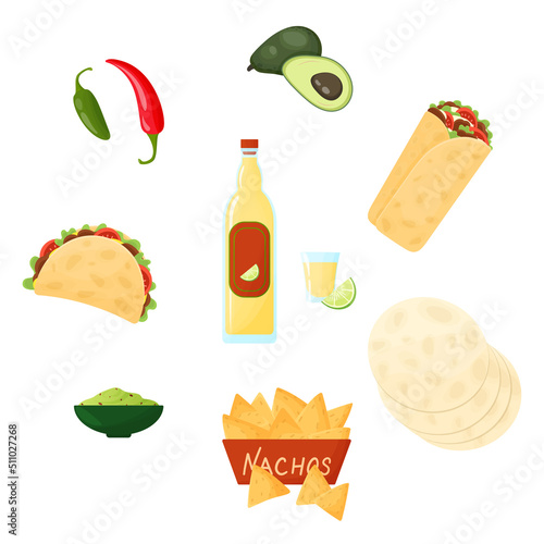 Mexican cuisine set. Vector illustration of mexican food. Burrito taco nachos tortilla guacamole tequila avocado chili jalapeno isolated on white background