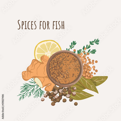 Set of spices for fish Ginger, Bay leaf, Allspice, Thyme, lemon, Mustard, Dill and powdered spices in a wooden bowl. Top view. Flat style