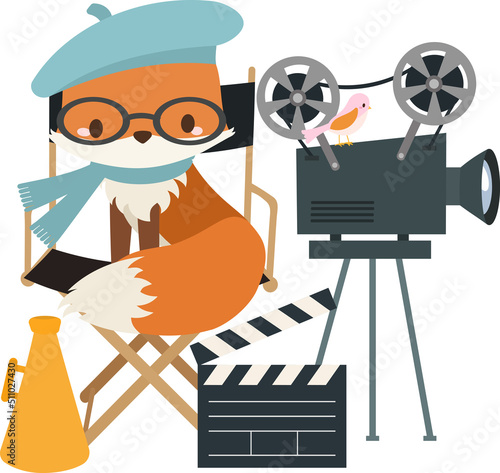 Cute fox sitting on a movie directors chair with glasses and beret hat