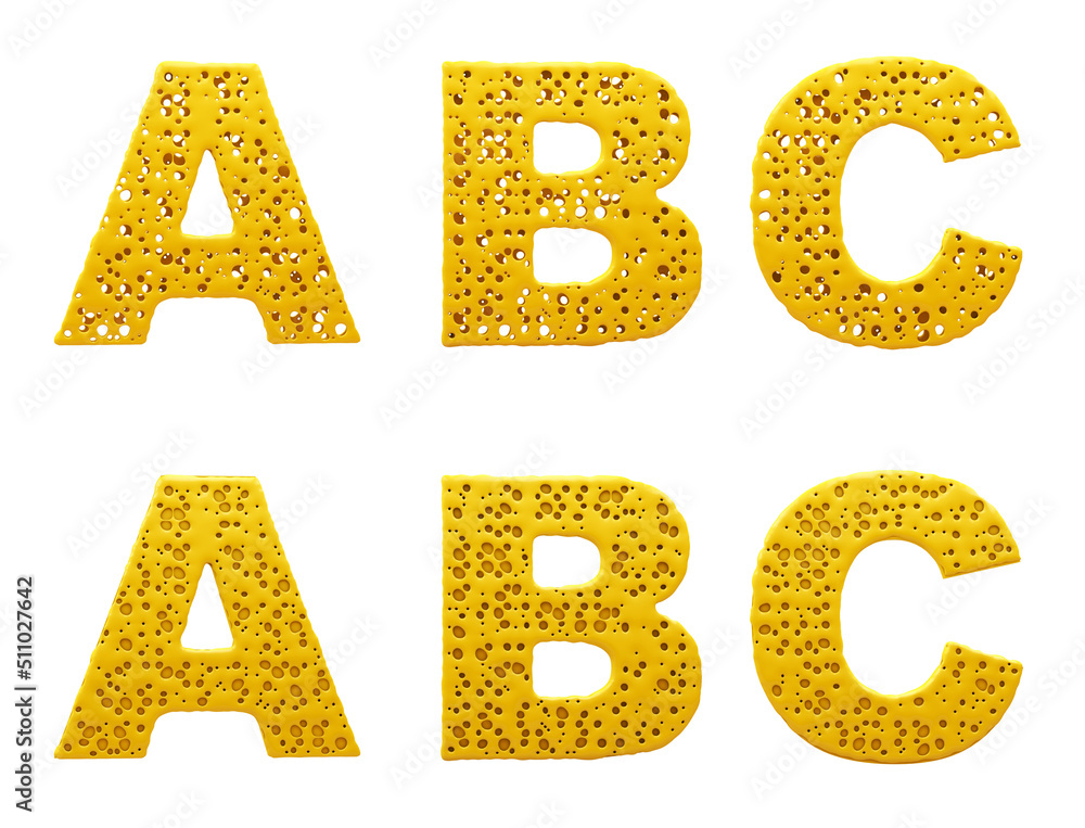 Cheese alphabet. Letters A, B, C. 3d illustration. Easy cutting. Isolated white background. Cheese alphabet. Letters A, B, C. 3d illustration. Easy cutting. Isolated white background.