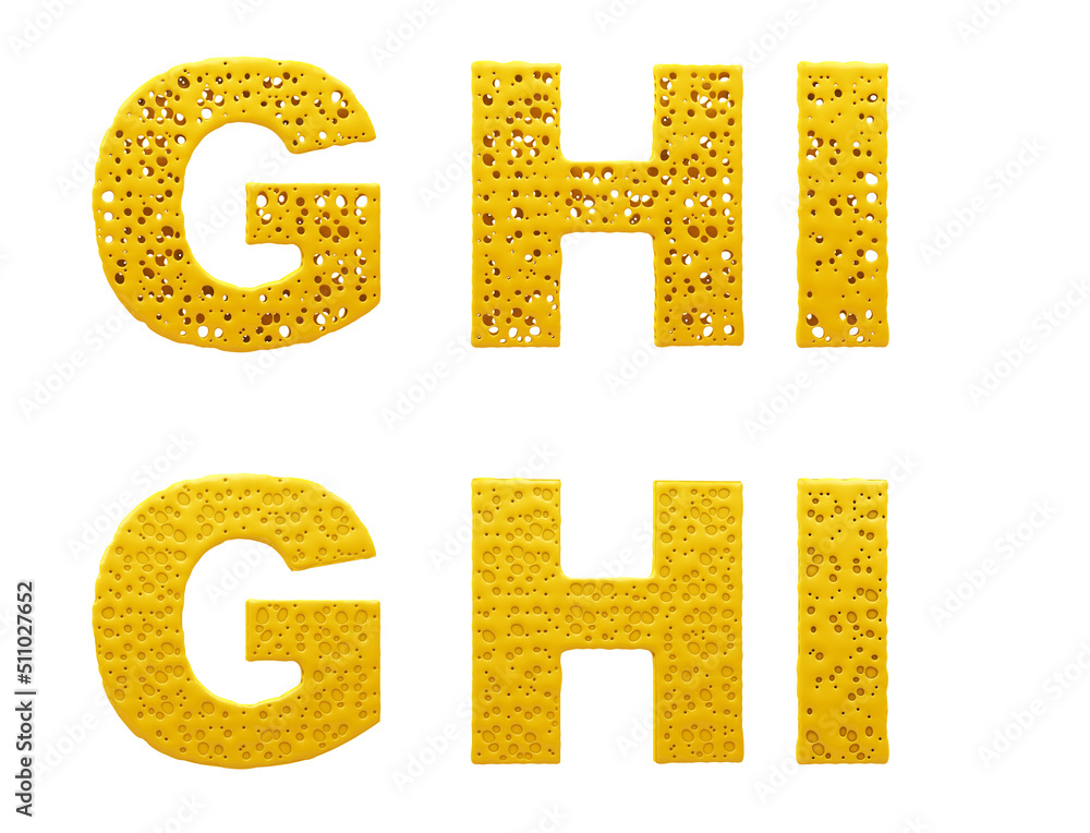 Cheese alphabet. Letters G, H, I. 3d illustration. Easy cutting. Isolated white background. Cheese alphabet. Letters G, H, I. 3d illustration. Easy cutting. Isolated white background.