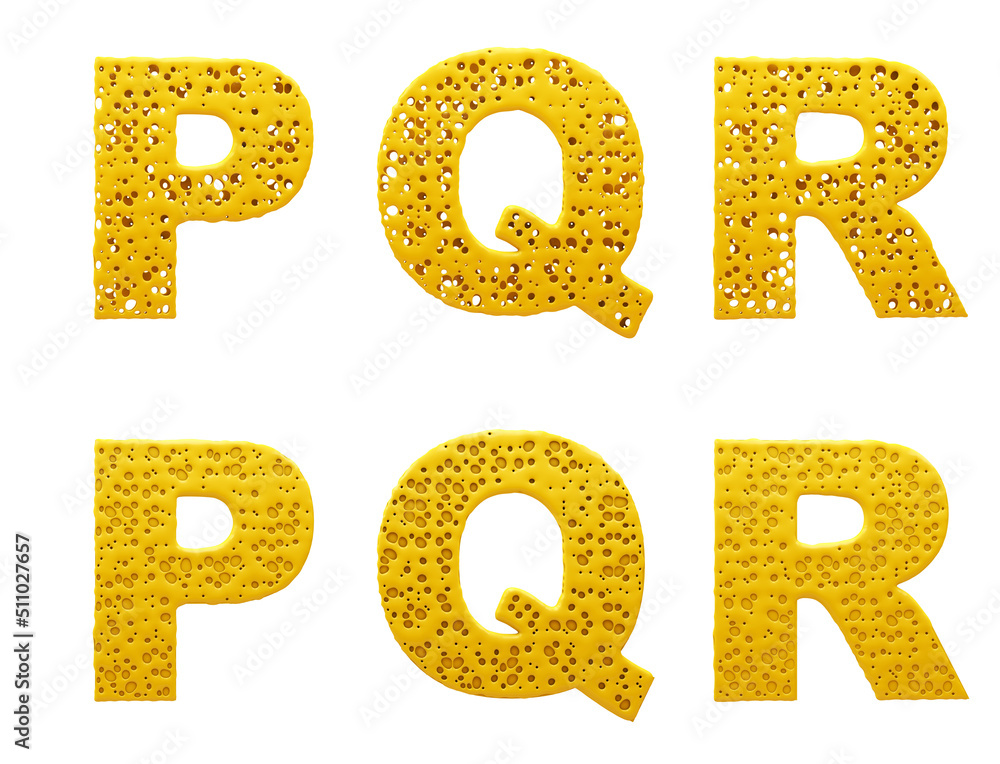 Cheese alphabet. Letters P, Q, R. 3d illustration. Easy cutting. Isolated white background. Cheese alphabet. Letters P, Q, R. 3d illustration. Easy cutting. Isolated white background.