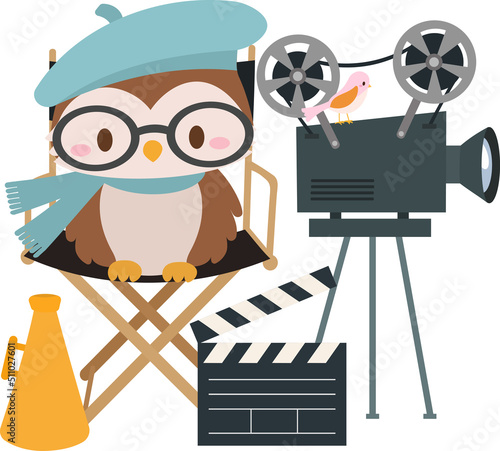 Cute owl waring a beret and glasses  sitting on a movie directors chair with clapboard and camara