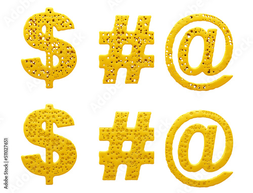 Cheese alphabet. Dollar sign, hashtag, arroba. 3d illustration. Easy cutting. Isolated white background. photo