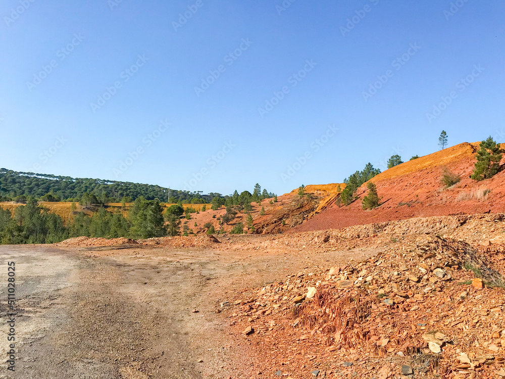 colorful landscapes of Rio Tinto .red yellow brown black rocks mountains and sand in Rio Tinto canyon