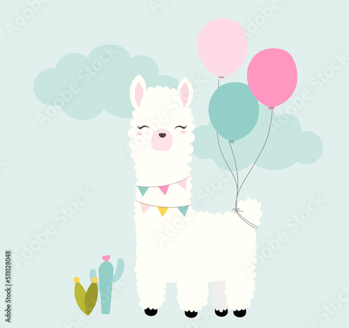 Cute Lama holding balloons and banners for a party with cactuses and clouds