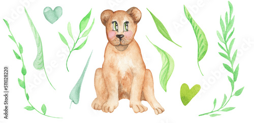 Circus animals - lion set. Watercolor hand drawn illustration.Safari animals.Cartoon leon.