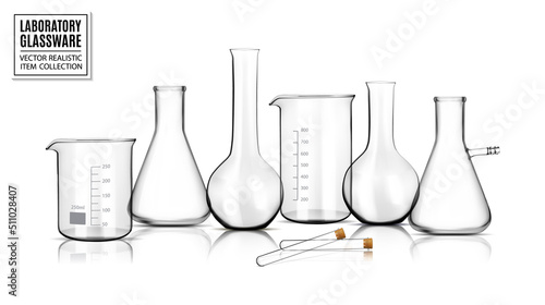 Collection of empty chemical glassware in laboratory isolated on white background. Realistic vector, 3d illustration