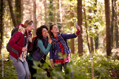 Female Friends Posing For Selfie On Mobile Phone On Holiday Hike Through Woods Together