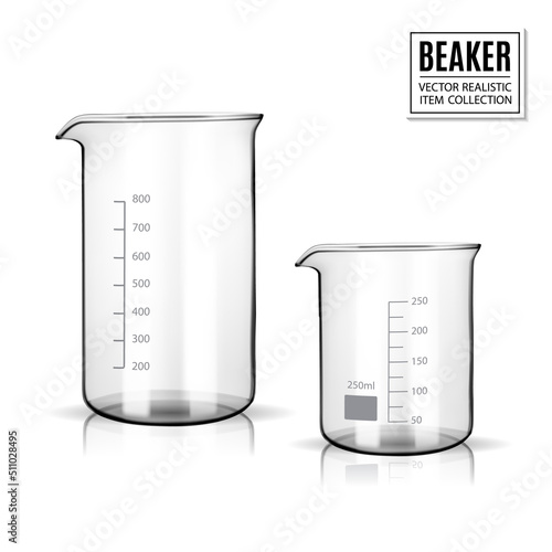 250ml, 800ml measuring beaker for science experiment in laboratory isolated on white background and clipping path, Scientific equipment and education concept. Realistic vector