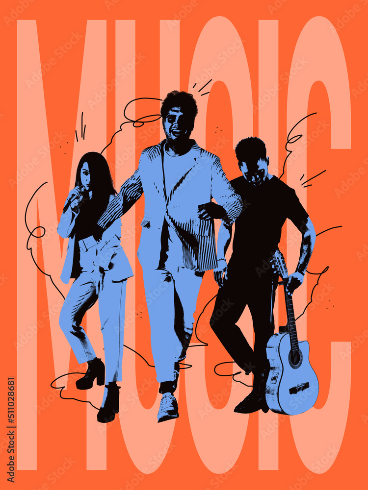 Music band. Contemporary art collage. Young musicians performing, singing isolated over bright orange background. Creativity, inspiration, imagination Music band. Contemporary art collage. Young musicians performing, singing isolated over bright orange background. Creativity, inspiration, imagination
