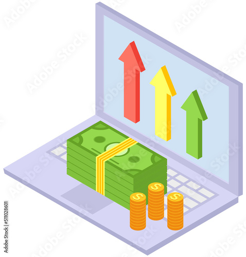 Finance performance of return on investment ROI concept with arrow. Income salary rate increase. Business profit growth margin revenue, economic success. Stacks of coins and bills on computer
