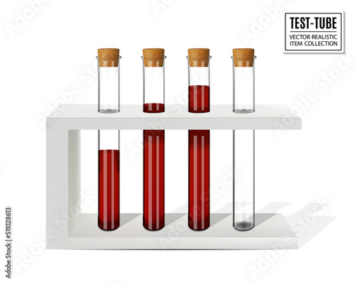 Test tubes with blood on a stand isolated on white. Realistic vector