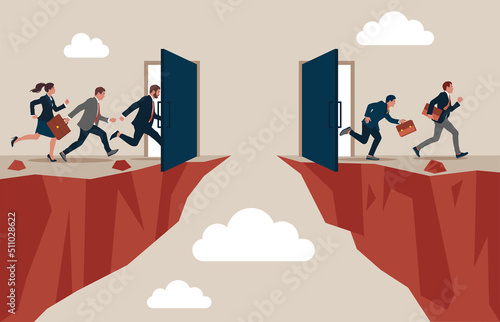 Business portal and career opportunities concept as a magical surreal open door leading to an opportunity to cross a cliff opening as an entrance for business people.