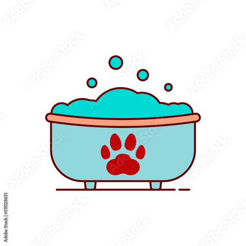 Bath with paw print. Washing in the bathtub for pet. Outline and line style. Isolated colored vector illustration on white background.
