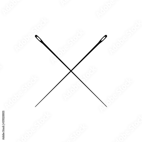 Two crossed thin sewing needles. Template for logo design. Vector illustration and drawing on white background.