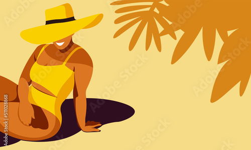 vector image on the theme of summer holidays. beautiful happy curvy plus size girl sits on the beach in a yellow swimsuit and sunbathes under a big hat on the sand in the shade of palm trees.