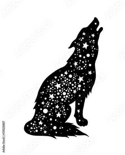 Howling wolf silhouette. A nimal howl vector icon. Mystic halloween coyote. Full moon werewol fanimal. Boho spirit magi sketch. Amazing spiritual black shadow howling wolf. Witch animal graphics